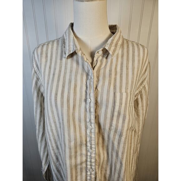 L.L Bean 100% Linen Striped Button Down Shirt Women's Size L Nautical Preppy - Picture 2 of 13